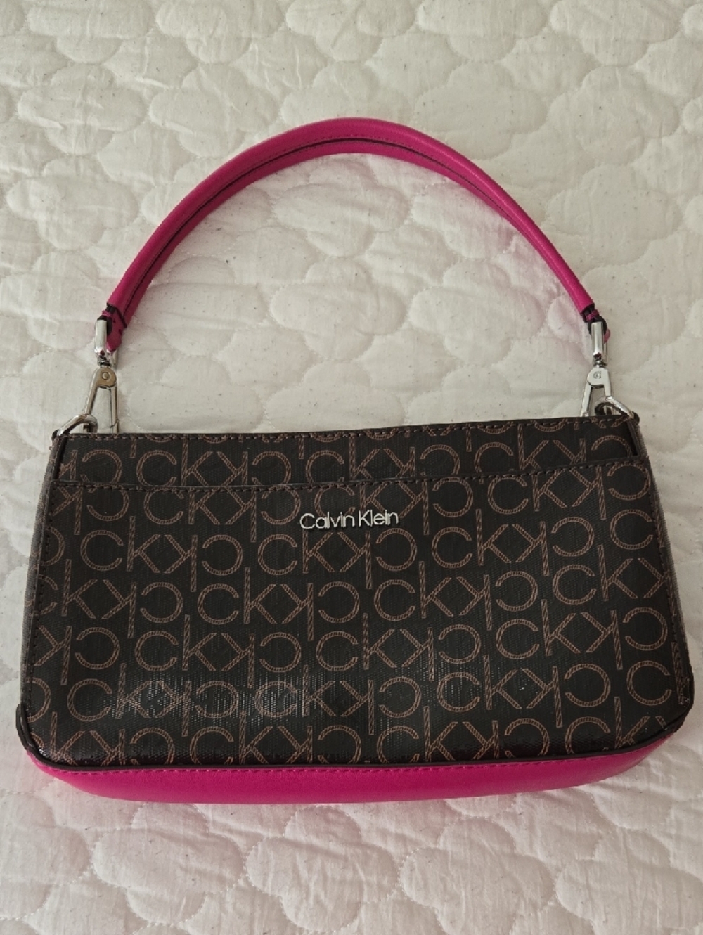 Calvin Klein Brown CK Logo Shoulder Bag with Pink Trim